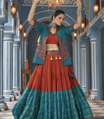 Multicolored Embroidered With Mirror Work Viscose Rayon Designer Navratri Special Lehenga Choli With Jacket
