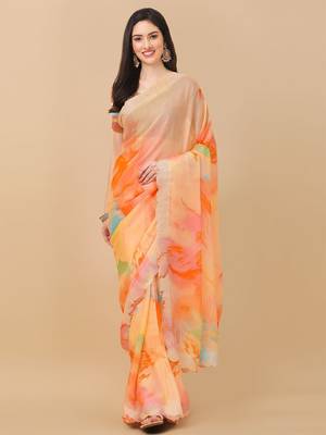 Orange Moksha Georegtte all over Printed diamond work saree With Blouse 1