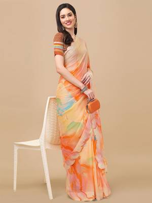 Orange Moksha Georegtte all over Printed diamond work saree With Blouse 2