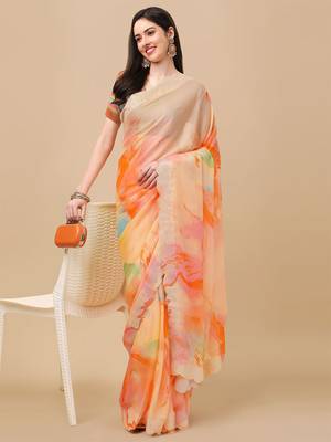 Orange Moksha Georegtte all over Printed diamond work saree With Blouse 3