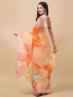 Orange Moksha Georegtte all over Printed diamond work saree With Blouse 4