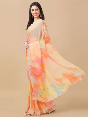 Orange Moksha Georegtte all over Printed diamond work saree With Blouse 5