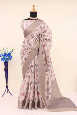 Soft Silk Blend Saree With Floral & Geometric Digital Print And Golden Jari Weaving Border 1