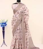 Soft Silk Blend Saree With Floral & Geometric Digital Print And Golden Jari Weaving Border