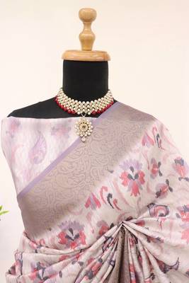 Soft Silk Blend Saree With Floral & Geometric Digital Print And Golden Jari Weaving Border 3