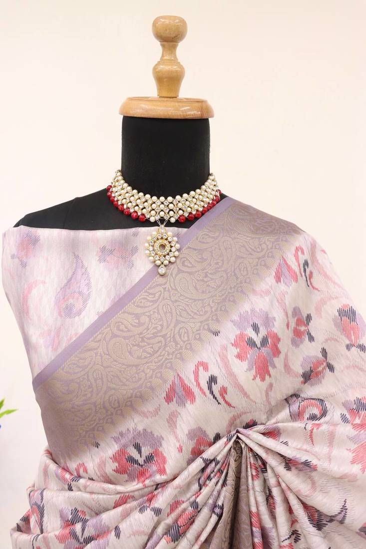 Soft Silk Blend Saree With Floral & Geometric Digital Print And Golden Jari Weaving Border