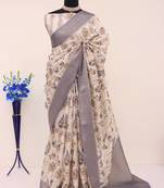 Soft Silk Blend Saree With Floral & Geometric Digital Print And Golden Jari Weaving Border