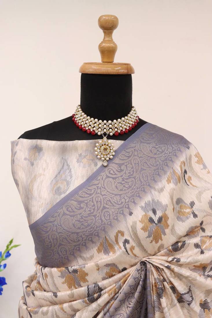 Soft Silk Blend Saree With Floral & Geometric Digital Print And Golden Jari Weaving Border