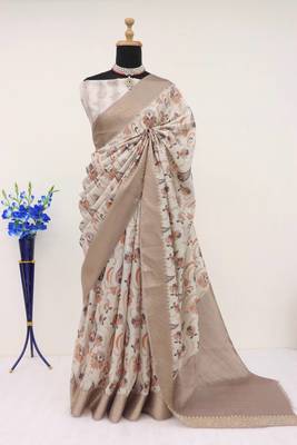 Soft Silk Blend Saree With Floral & Geometric Digital Print And Golden Jari Weaving Border 1