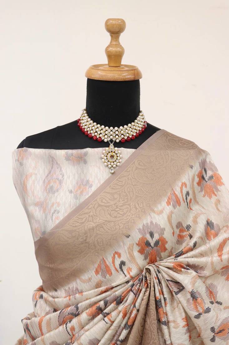 Soft Silk Blend Saree With Floral & Geometric Digital Print And Golden Jari Weaving Border