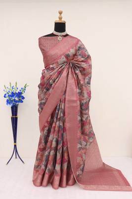 Soft Silk Blend Saree With Floral & Geometric Digital Print And Golden Jari Weaving Border 1