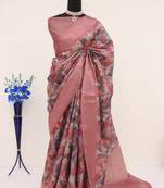 Soft Silk Blend Saree With Floral & Geometric Digital Print And Golden Jari Weaving Border