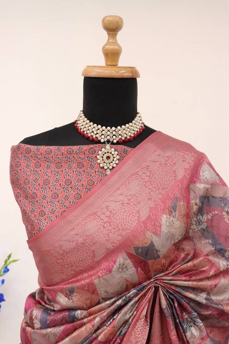 Soft Silk Blend Saree With Floral & Geometric Digital Print And Golden Jari Weaving Border
