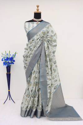 Soft Silk Blend Saree With Floral & Geometric Digital Print And Golden Jari Weaving Border 1