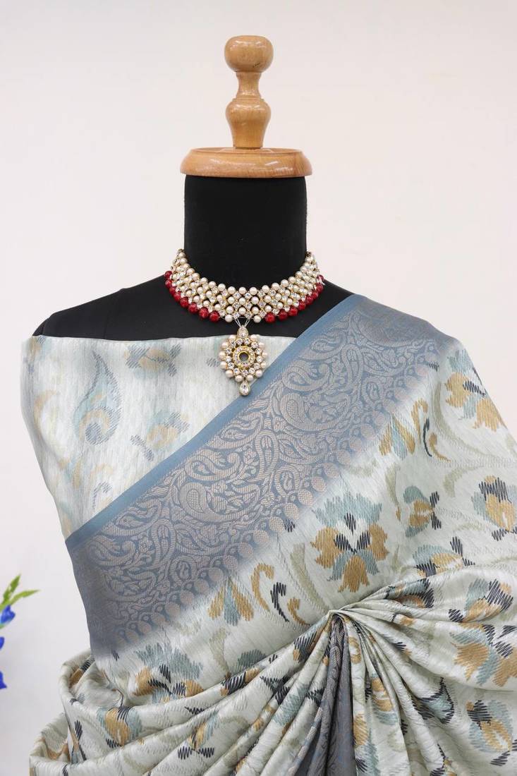 Soft Silk Blend Saree With Floral & Geometric Digital Print And Golden Jari Weaving Border