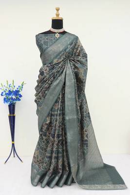 Soft Silk Blend Saree With Floral & Geometric Digital Print And Golden Jari Weaving Border 1