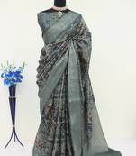 Soft Silk Blend Saree With Floral & Geometric Digital Print And Golden Jari Weaving Border