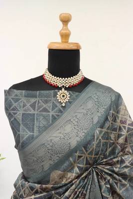Soft Silk Blend Saree With Floral & Geometric Digital Print And Golden Jari Weaving Border 3