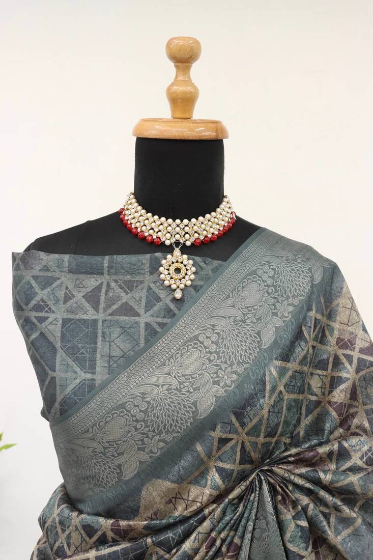 Soft Silk Blend Saree With Floral & Geometric Digital Print And Golden Jari Weaving Border