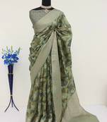Soft Silk Blend Saree With Floral & Geometric Digital Print And Golden Jari Weaving Border