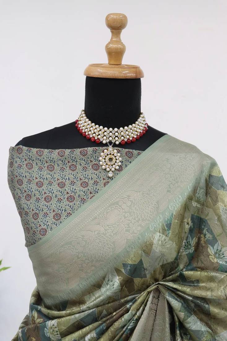 Soft Silk Blend Saree With Floral & Geometric Digital Print And Golden Jari Weaving Border