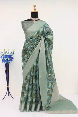 Soft Silk Blend Saree With Floral & Geometric Digital Print And Golden Jari Weaving Border 1