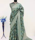 Soft Silk Blend Saree With Floral & Geometric Digital Print And Golden Jari Weaving Border