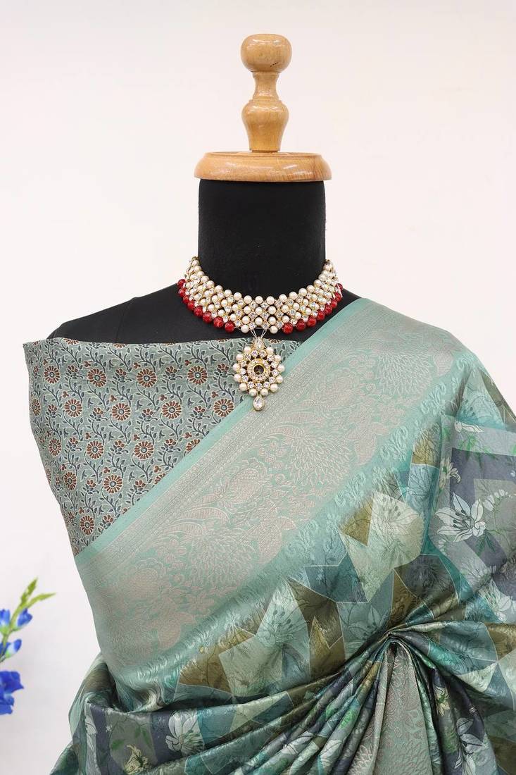 Soft Silk Blend Saree With Floral & Geometric Digital Print And Golden Jari Weaving Border