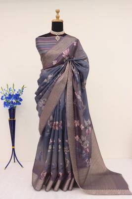 Soft Silk Blend Saree With Floral & Geometric Digital Print And Golden Jari Weaving Border 1