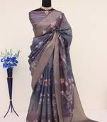 Soft Silk Blend Saree With Floral & Geometric Digital Print And Golden Jari Weaving Border