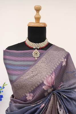 Soft Silk Blend Saree With Floral & Geometric Digital Print And Golden Jari Weaving Border 3