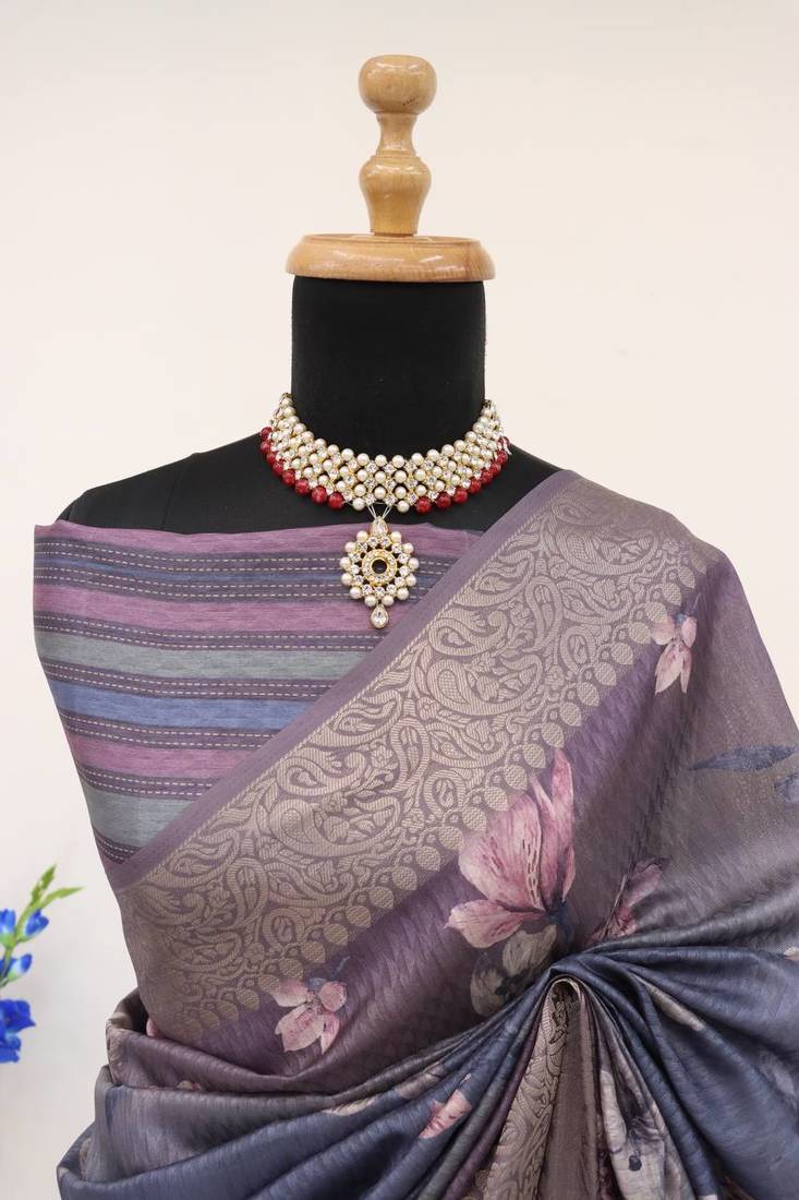 Soft Silk Blend Saree With Floral & Geometric Digital Print And Golden Jari Weaving Border