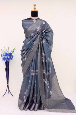 Soft Silk Blend Saree With Floral & Geometric Digital Print And Golden Jari Weaving Border 1