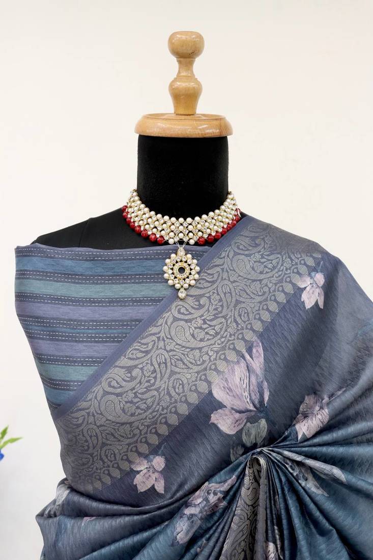 Soft Silk Blend Saree With Floral & Geometric Digital Print And Golden Jari Weaving Border