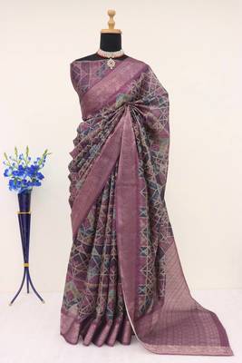 Soft Silk Blend Saree With Floral & Geometric Digital Print And Golden Jari Weaving Border 1