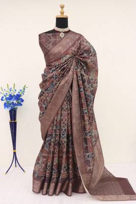 Soft Silk Blend Saree With Floral & Geometric Digital Print And Golden Jari Weaving Border 1