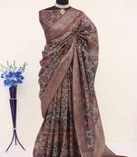 Soft Silk Blend Saree With Floral & Geometric Digital Print And Golden Jari Weaving Border