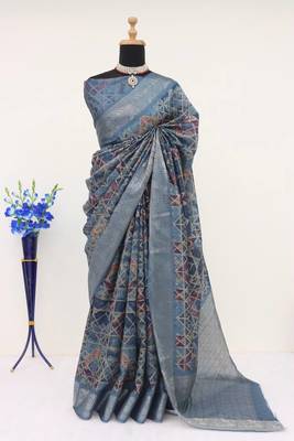 Soft Silk Blend Saree With Floral & Geometric Digital Print And Golden Jari Weaving Border 1