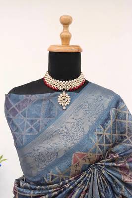 Soft Silk Blend Saree With Floral & Geometric Digital Print And Golden Jari Weaving Border 3