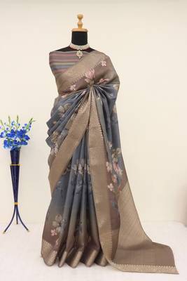 Soft Silk Blend Saree With Floral & Geometric Digital Print And Golden Jari Weaving Border 1