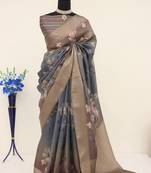 Soft Silk Blend Saree With Floral & Geometric Digital Print And Golden Jari Weaving Border