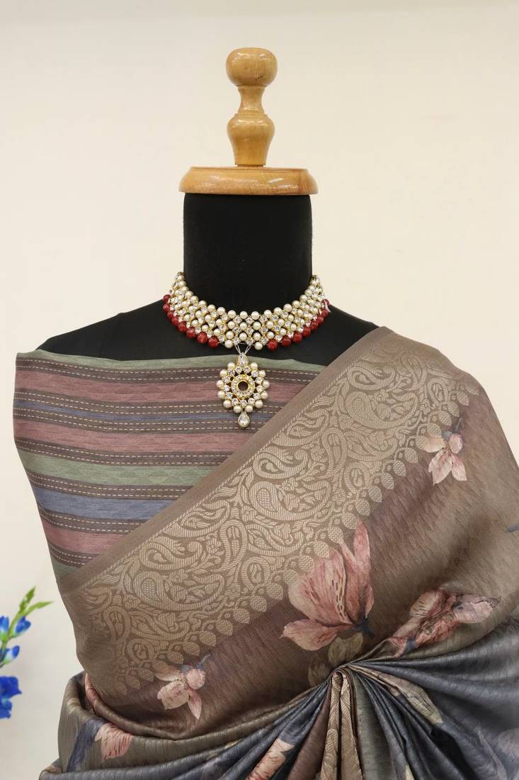 Soft Silk Blend Saree With Floral & Geometric Digital Print And Golden Jari Weaving Border