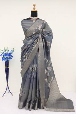 Soft Silk Blend Saree With Floral & Geometric Digital Print And Golden Jari Weaving Border 1