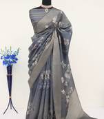 Soft Silk Blend Saree With Floral & Geometric Digital Print And Golden Jari Weaving Border