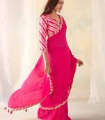 Pink Georgette Printed Fancy Lace Zikzak Border With Banglori Blouse