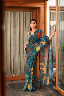 Rama Bright Moss Printed Fancy Lace Border & ZariRich Pallu Saree Set For Women 1