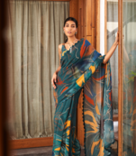 Rama Bright Moss Printed Fancy Lace Border & ZariRich Pallu Saree Set For Women