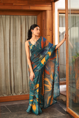 Rama Bright Moss Printed Fancy Lace Border & ZariRich Pallu Saree Set For Women 2