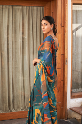 Rama Bright Moss Printed Fancy Lace Border & ZariRich Pallu Saree Set For Women 4