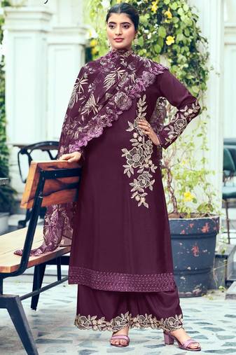 Violet heavy chinon embroidered Palazzo suit